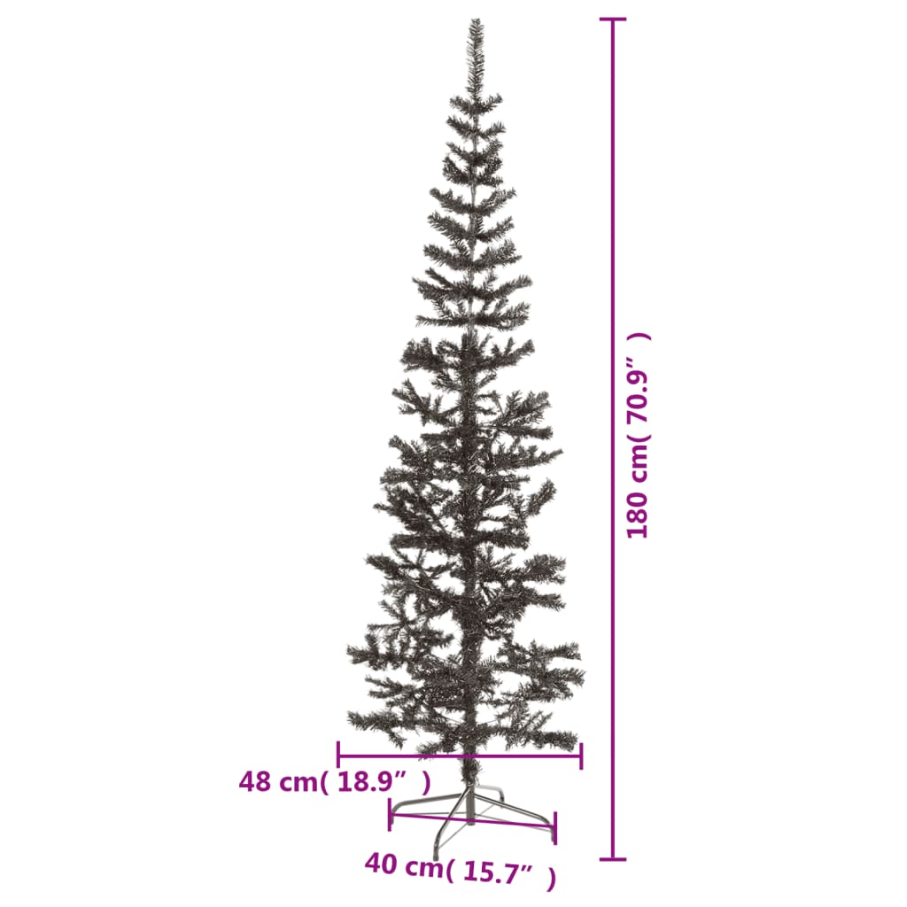 Slim black 6 ft PVC artificial Christmas tree with 180 cm height and 48 cm width measurements.