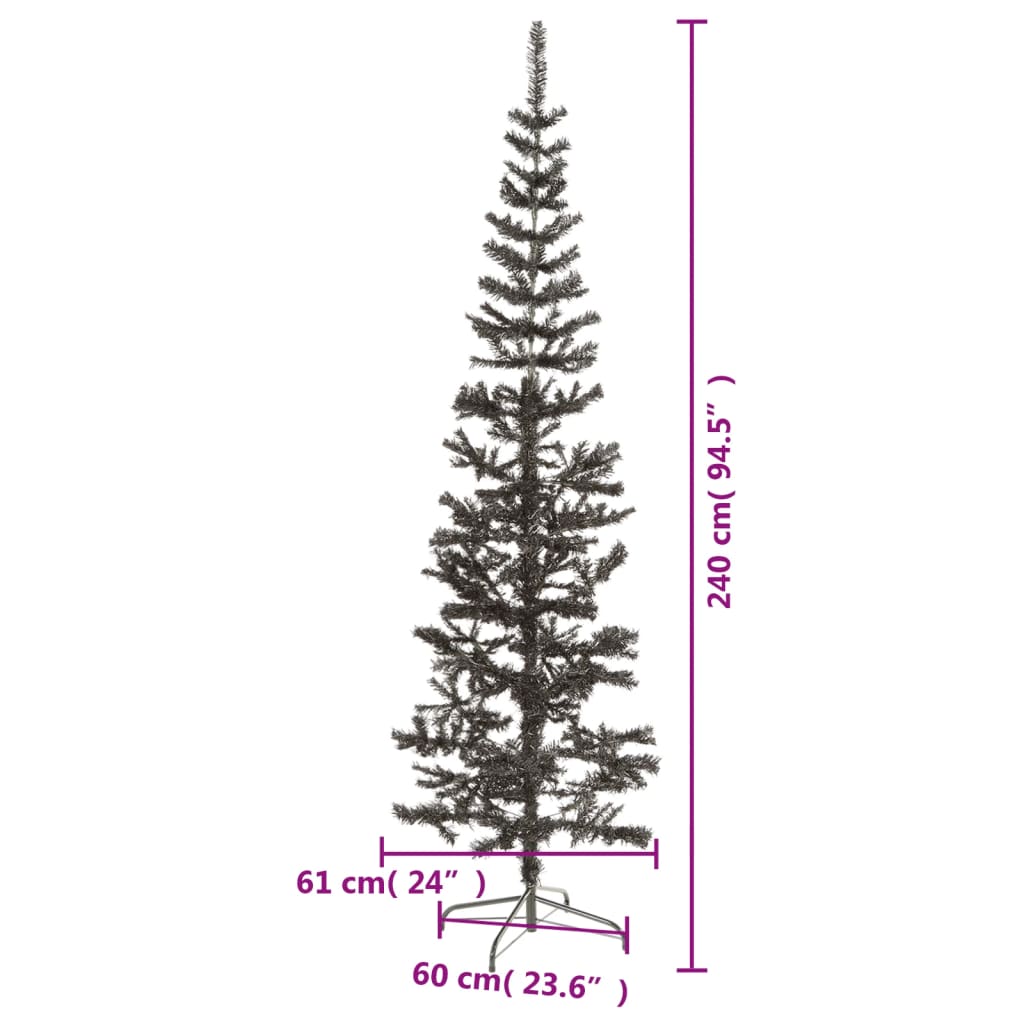 A slim black artificial Christmas tree with dimensions of 240 cm (94.5") tall and 61 cm (24") wide at the base.