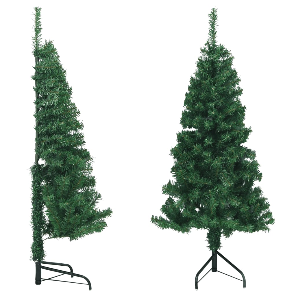 A 5 ft green PVC artificial Christmas tree in corner design with metal stand, shown upright and angled.