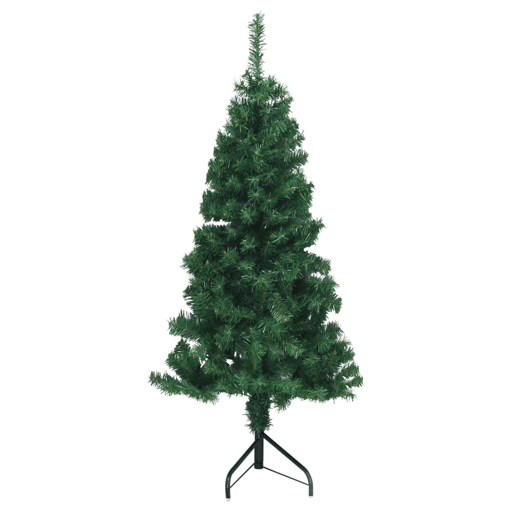 A 5 ft green PVC artificial Christmas tree with a corner design and metal stand.