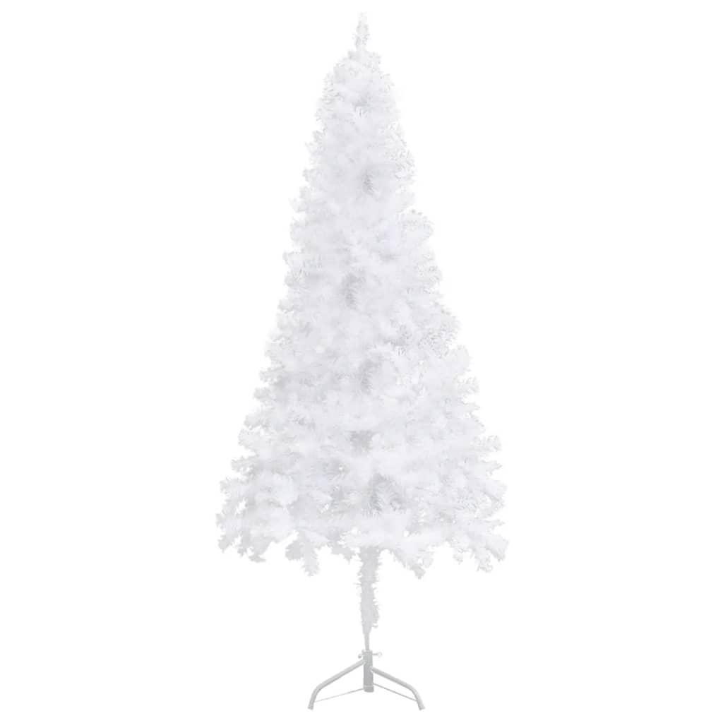 White 5 ft artificial Christmas tree with PVC branches and a metal stand designed for corners.
