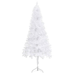 White 5 ft artificial Christmas tree with PVC branches and a metal stand designed for corners.
