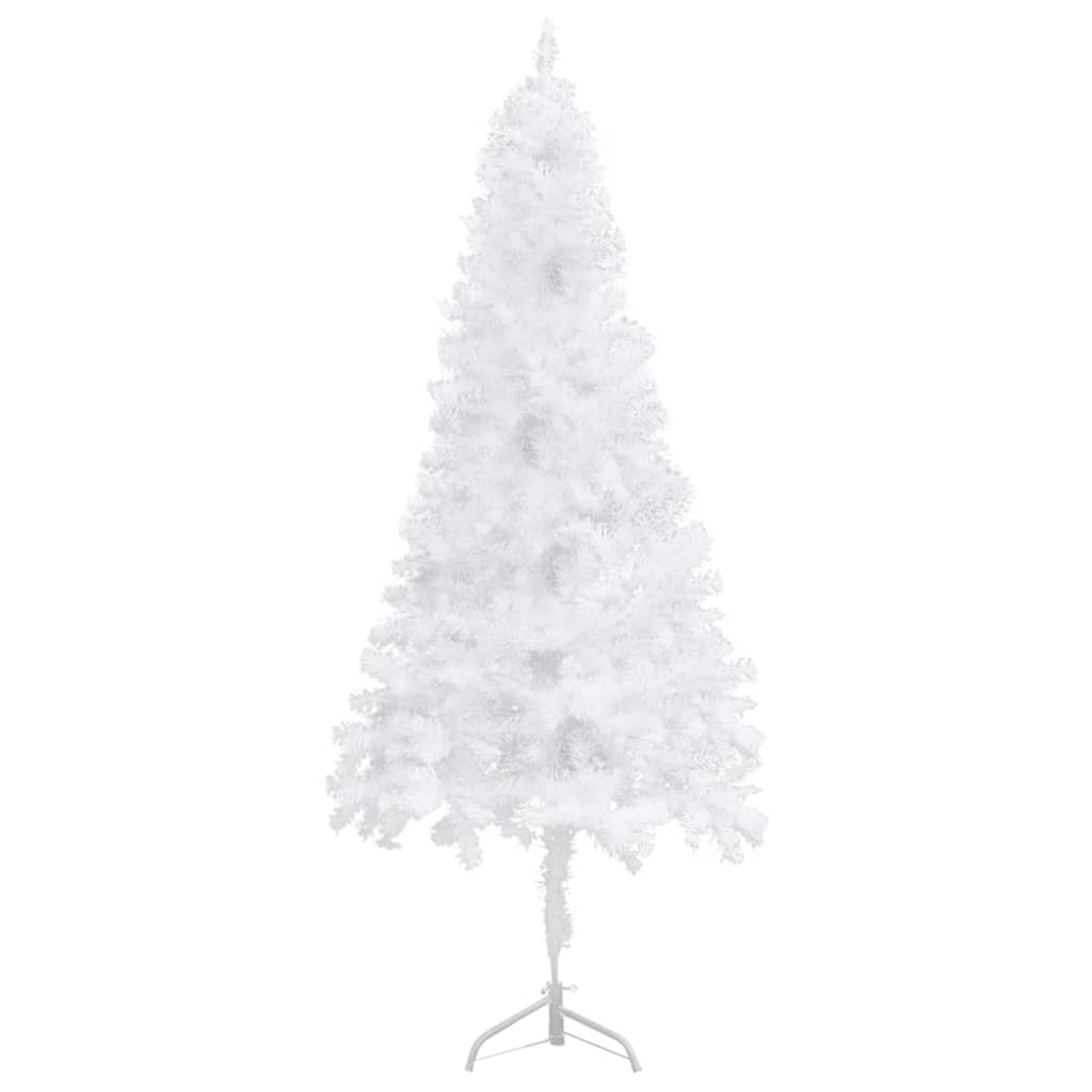 A 6 ft white PVC artificial corner Christmas tree with a metal stand.