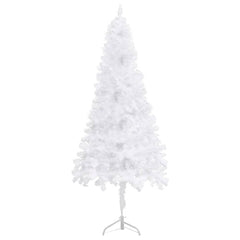 A 6 ft white PVC artificial corner Christmas tree with a metal stand.