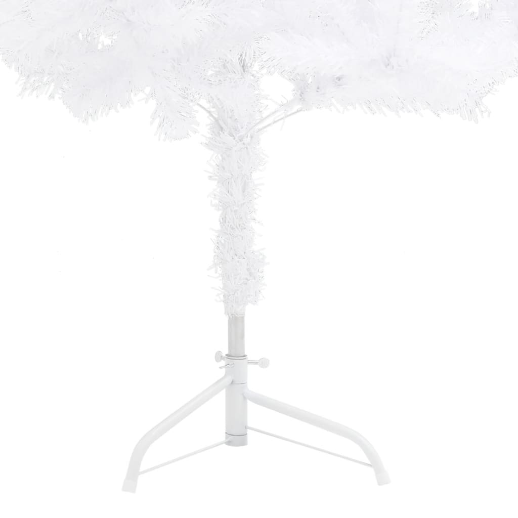 A 6 ft white PVC artificial corner Christmas tree with adjustable branches and steel stand.