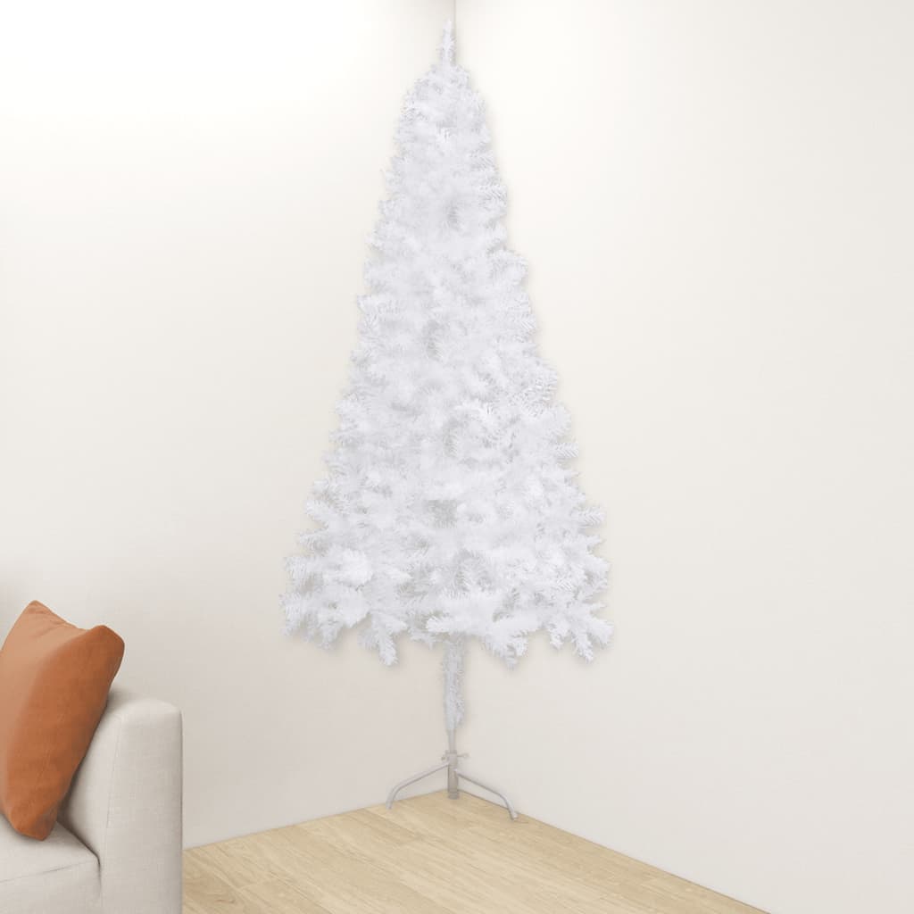 A 6 ft white PVC artificial corner Christmas tree with steel stand in a living room corner.