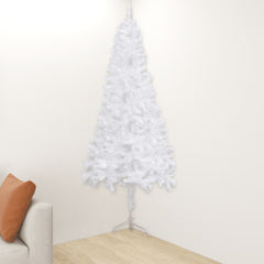 A 6 ft white PVC artificial corner Christmas tree with steel stand in a living room corner.