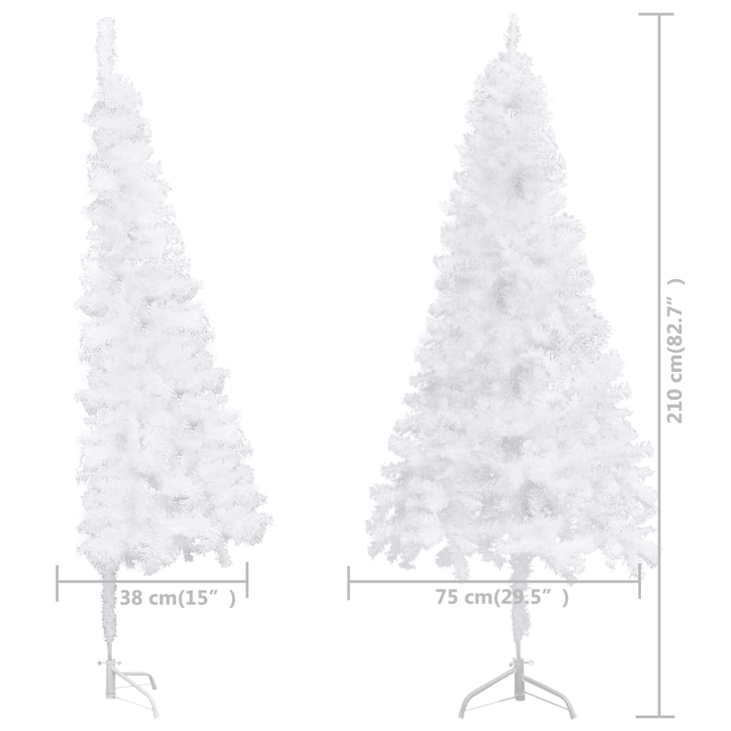 White 7ft corner artificial PVC Christmas tree with stand, shown in side view with 38cm and 75cm measurements.