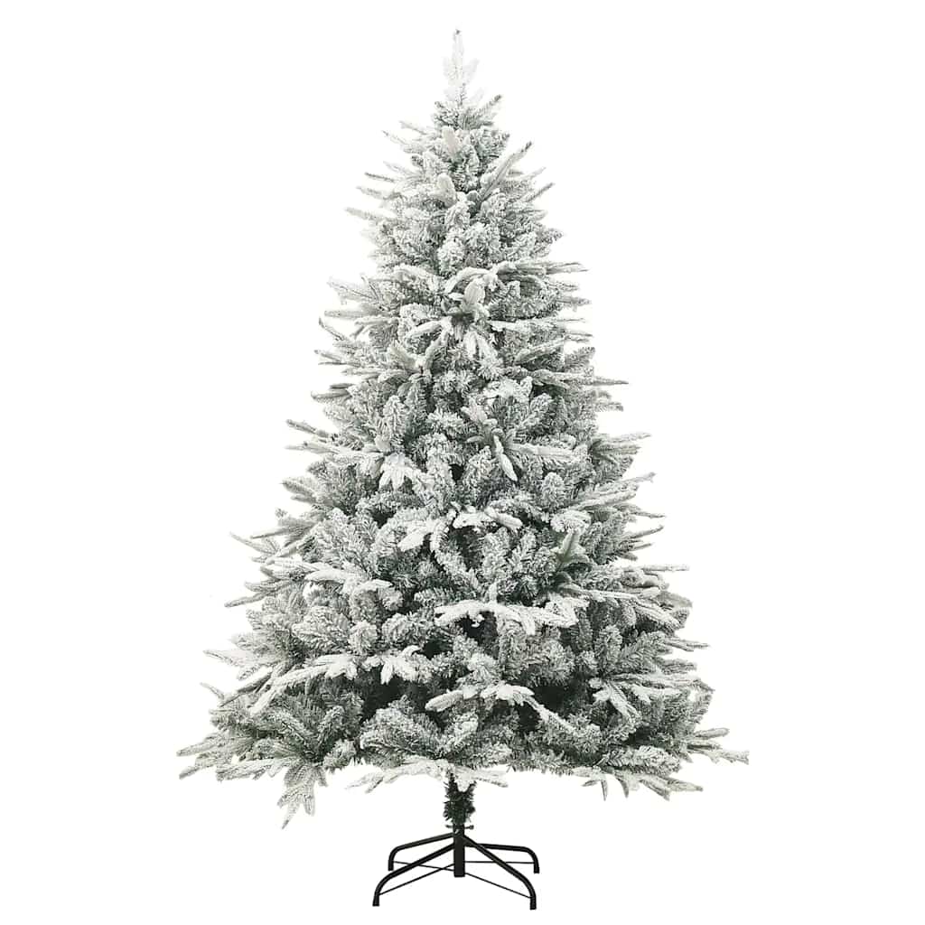 A 6ft flocked artificial Christmas tree with a black metal stand.