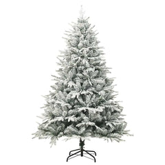 A 6ft flocked artificial Christmas tree with a black metal stand.