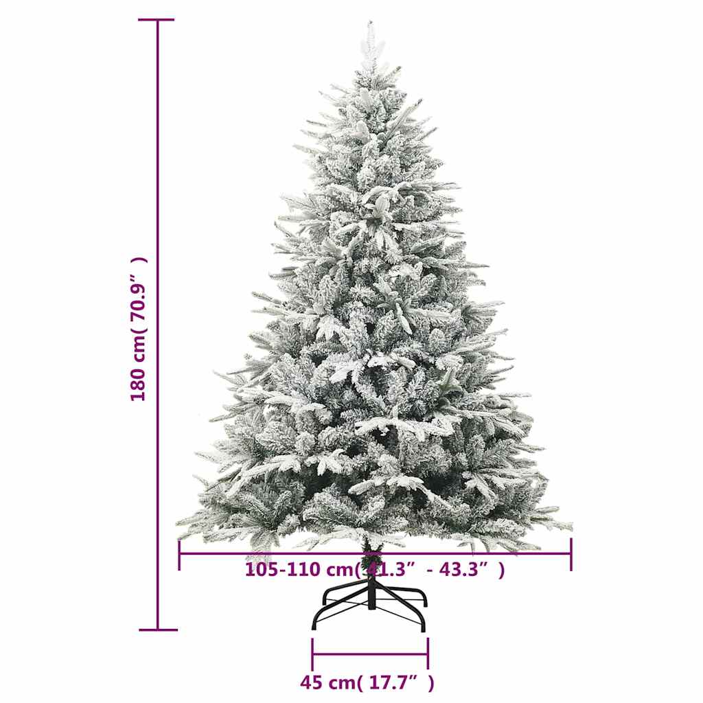 6ft flocked snow green artificial Christmas tree with dimensions and stand.