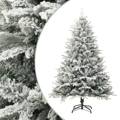 A 7.5ft flocked snow green artificial Christmas tree with PVC and PE branches on a black stand.