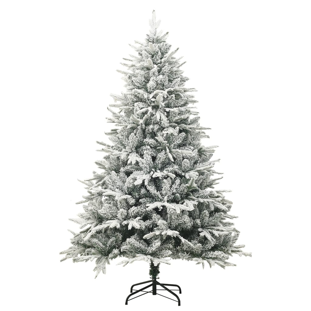 7.5ft green artificial Christmas tree with flocked snow and sturdy black metal stand