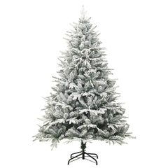 7.5ft green artificial Christmas tree with flocked snow and sturdy black metal stand