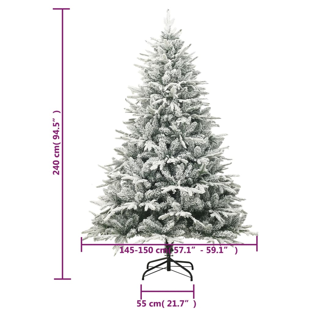 7.5ft flocked snow green artificial Christmas tree with PVC and PE branches and steel stand.
