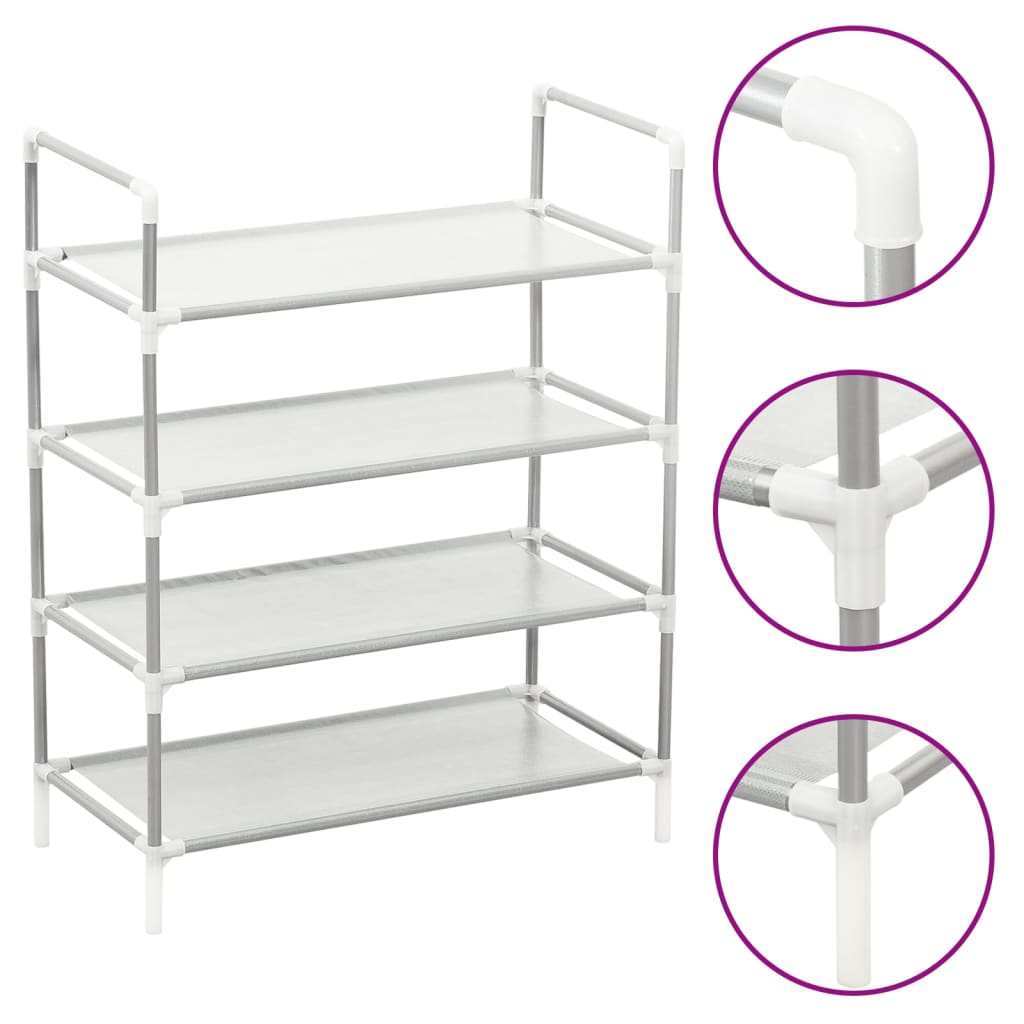 Silver 4-shelf shoe rack with metal frame and non-woven fabric shelves.