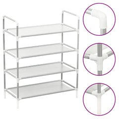 Silver 4-shelf shoe rack with metal frame and non-woven fabric shelves.