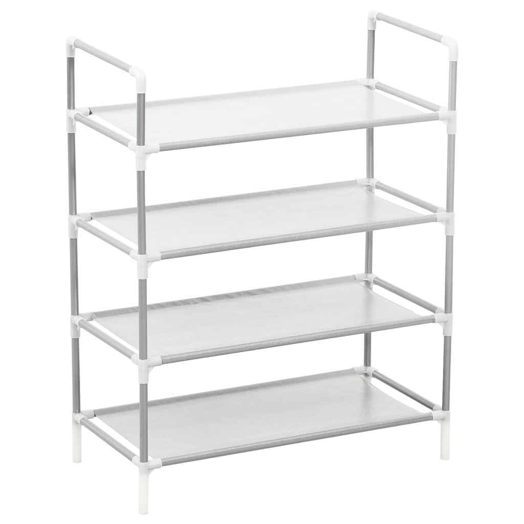 Silver 4-shelf shoe rack with metal frame and non-woven fabric shelves.
