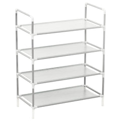 Silver 4-shelf shoe rack with metal frame and non-woven fabric shelves.