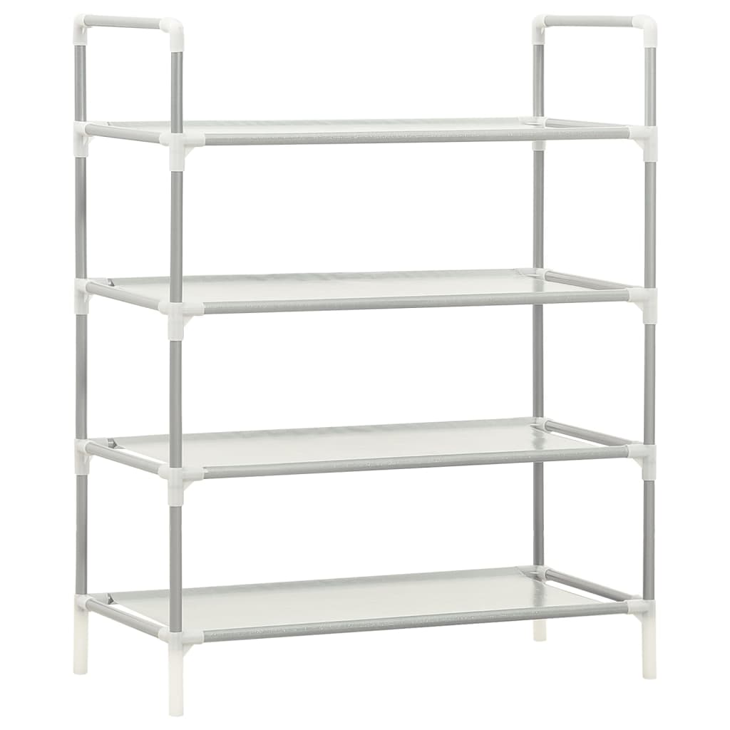 Silver 4-shelf shoe rack with metal frame and non-woven fabric shelves.