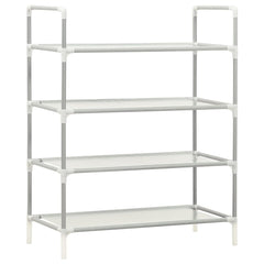 Silver 4-shelf shoe rack with metal frame and non-woven fabric shelves.