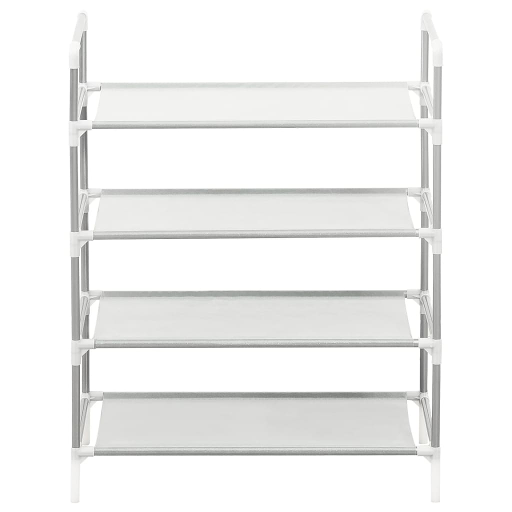 Silver 4-shelf shoe rack with metal frame and non-woven fabric shelves.