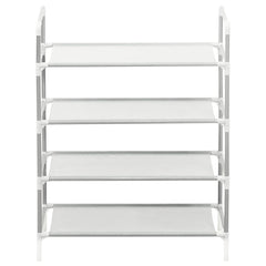 Silver 4-shelf shoe rack with metal frame and non-woven fabric shelves.