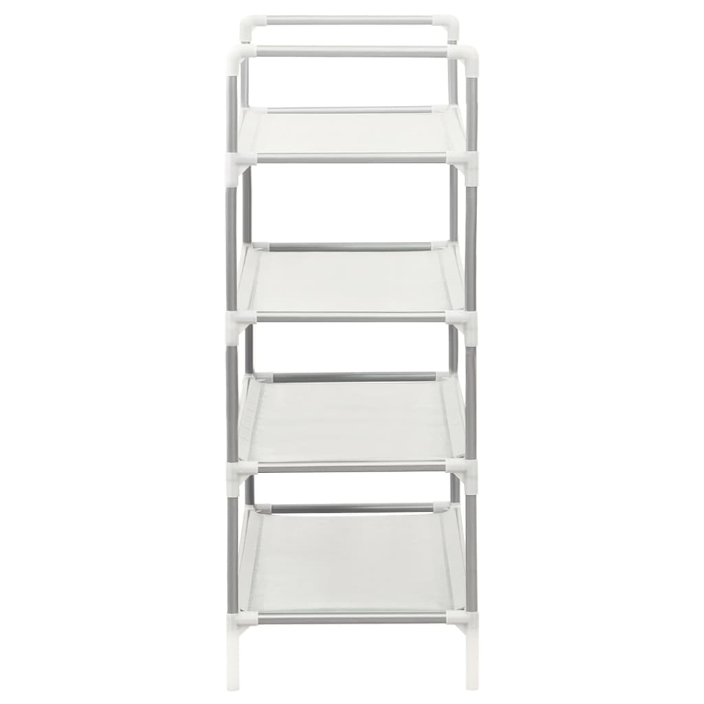 Silver 4-shelf shoe rack made of metal frame and non-woven fabric shelves.