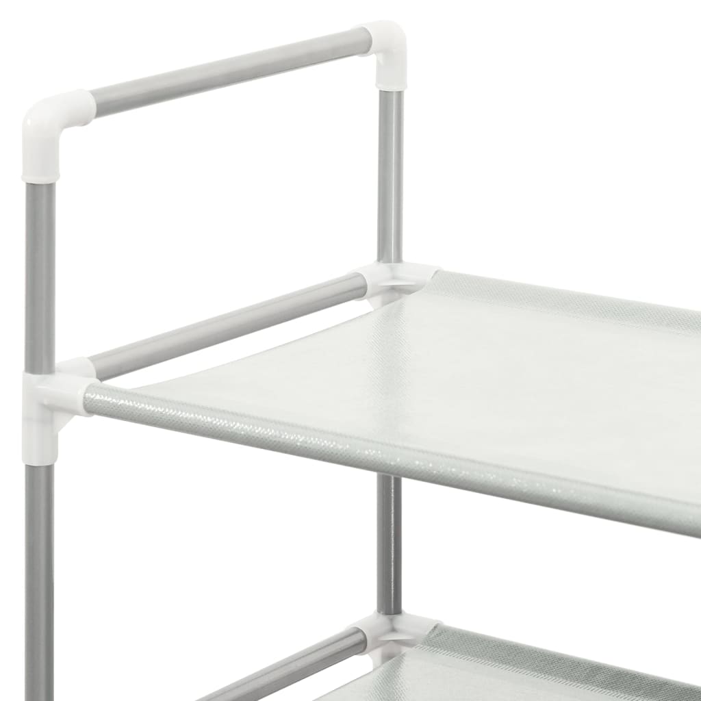 Silver 4-shelf shoe rack with metal frame and non-woven fabric shelves.