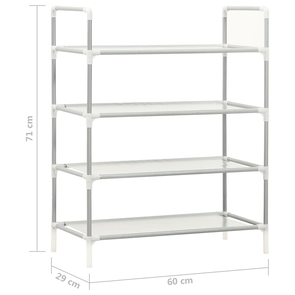 Silver 4-shelf shoe rack with metal frame and non-woven fabric shelves, measuring 60x71x20 cm.