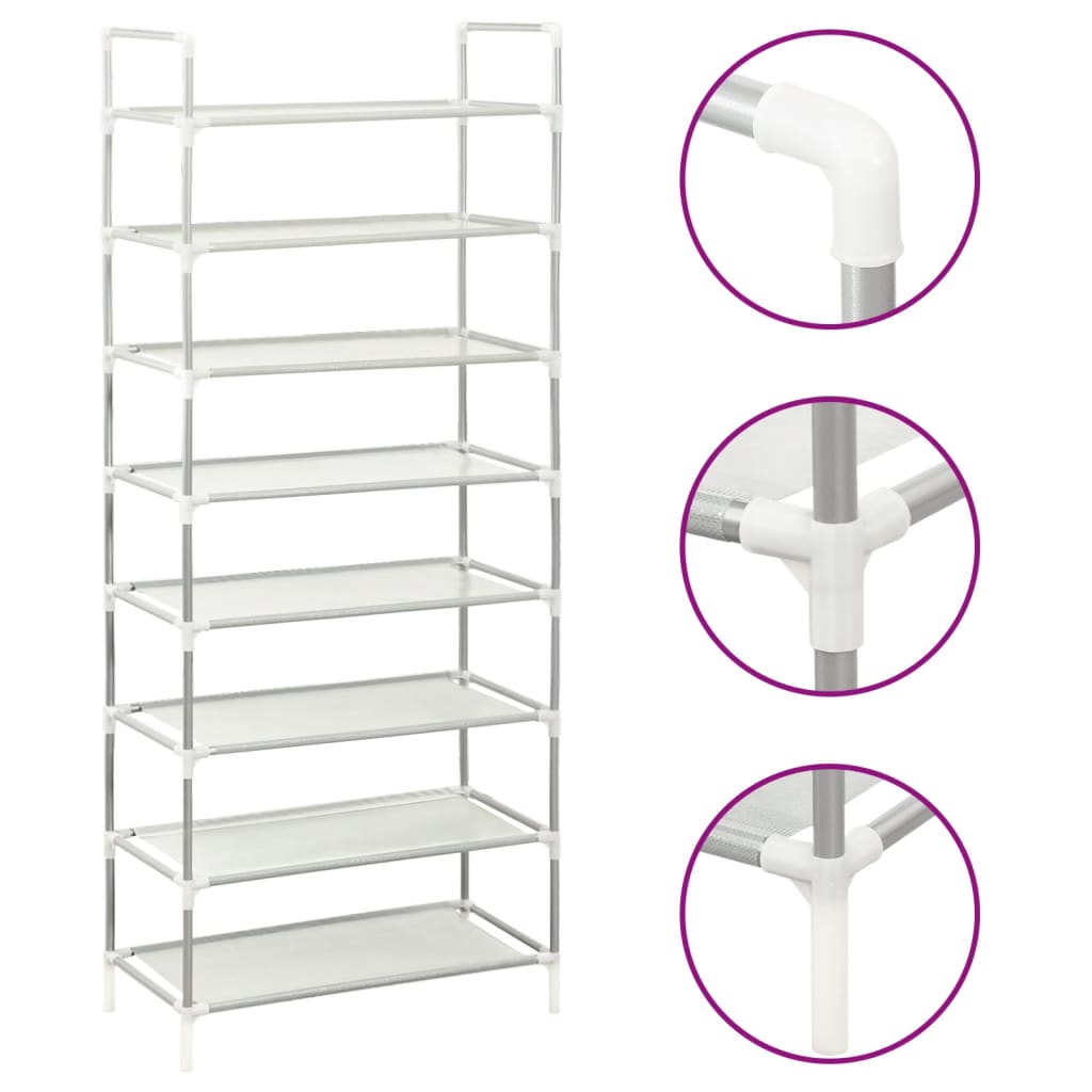 Silver metal shoe rack with 8 non-woven shelves and sturdy frame.
