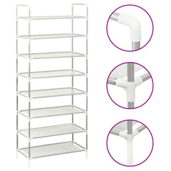 Silver metal shoe rack with 8 non-woven shelves and sturdy frame.