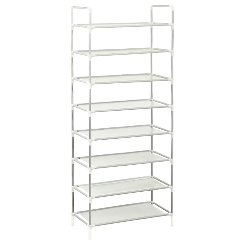 Silver metal shoe rack with eight non-woven shelves and tubular frame.