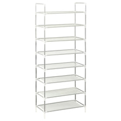 Silver metal shoe rack with eight non-woven shelves and tubular frame.