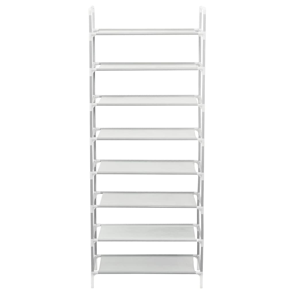 Silver metal shoe rack with 8 non-woven shelves and white frame.