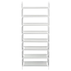 Silver metal shoe rack with 8 non-woven shelves and white frame.