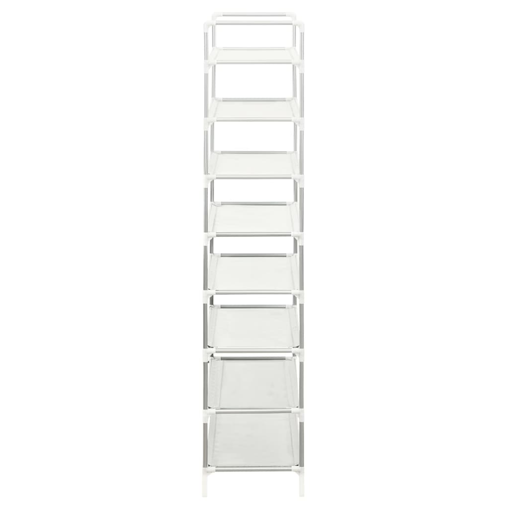 Silver metal shoe rack with eight non-woven shelves for organized storage.