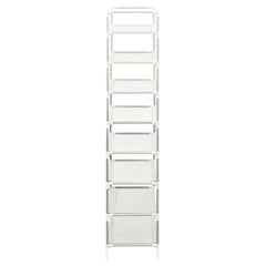 Silver metal shoe rack with eight non-woven shelves for organized storage.