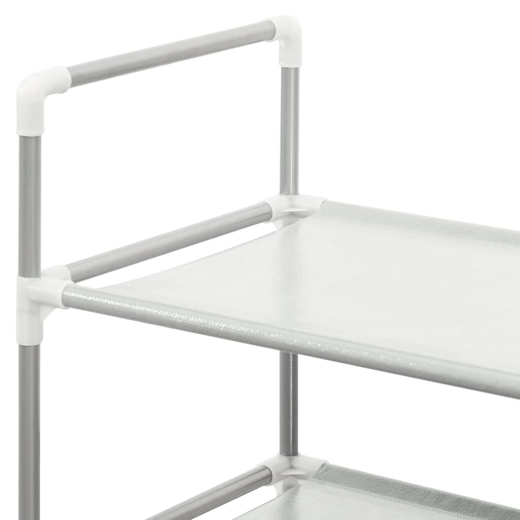 Silver metal shoe rack with tubular frame and eight non-woven shelves.