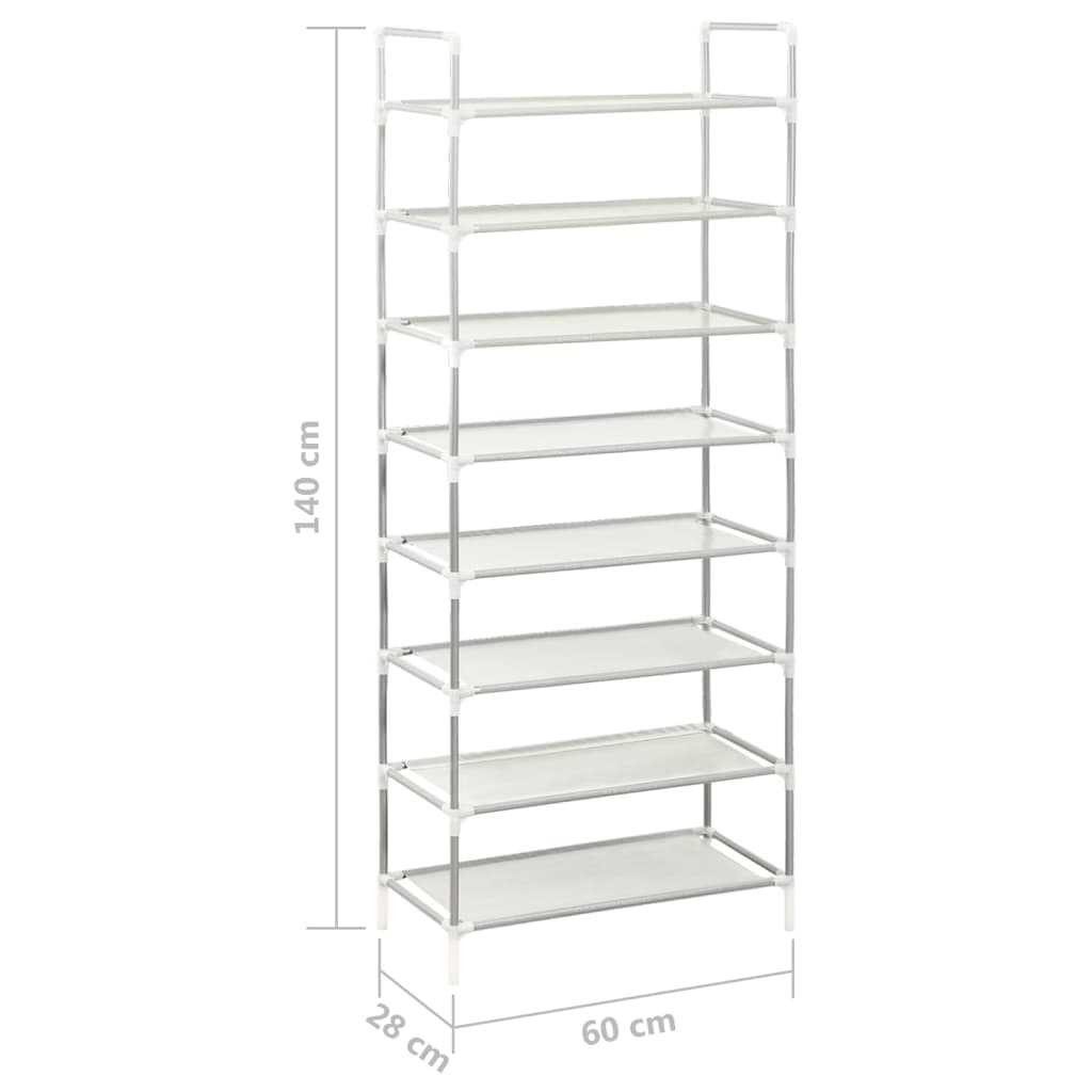 Silver metal shoe rack with 8 non-woven shelves, measuring 60 cm wide and 140 cm tall.