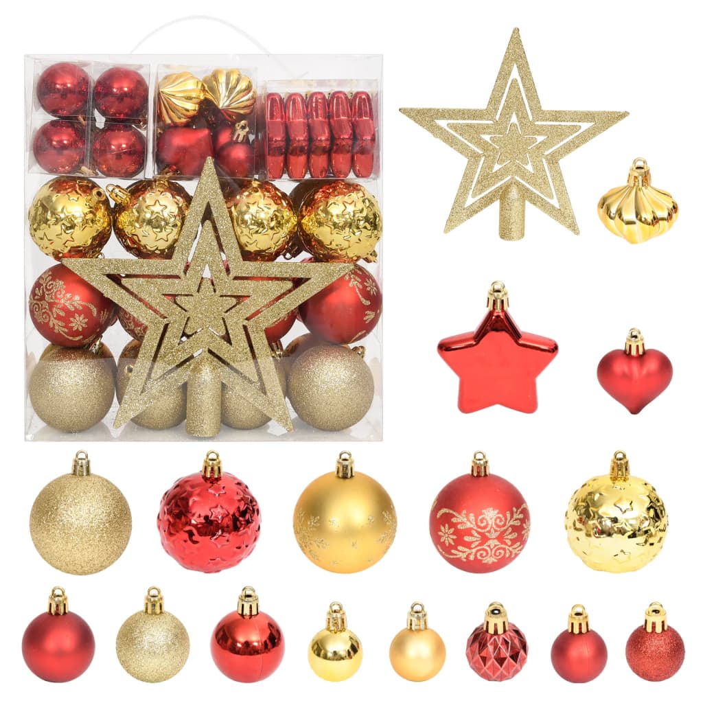 70-piece shatterproof Christmas ornament set in gold and red with baubles, stars, hearts, and tree topper.