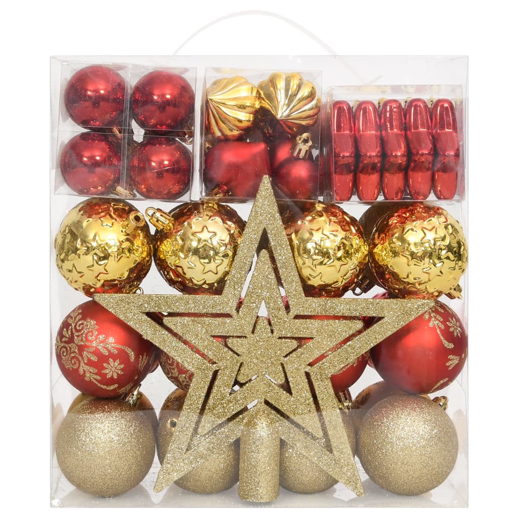 70-piece shatterproof Christmas bauble set in gold and red, with stars and various shapes in a clear box.