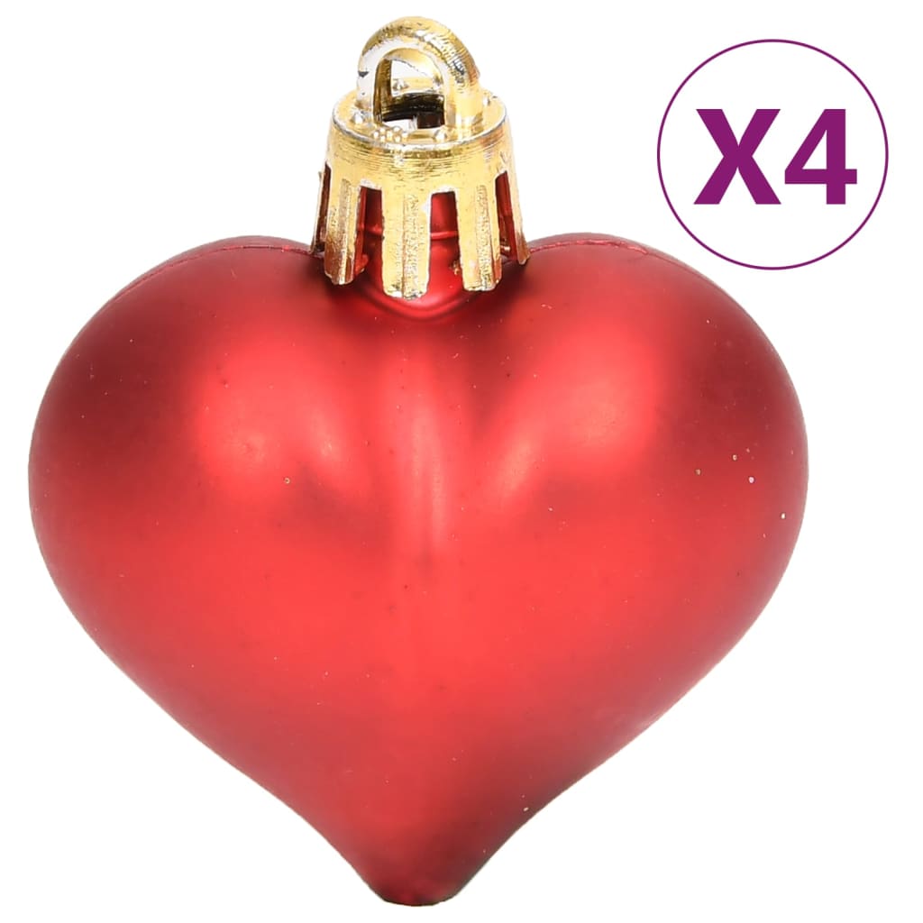 Four red shatterproof heart-shaped Christmas baubles with gold tops.