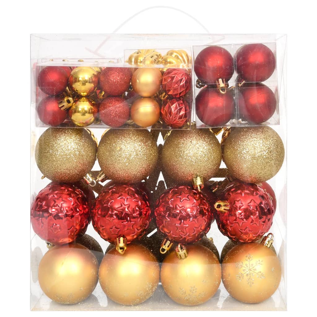 70-piece set of shatterproof gold and red Christmas baubles in a clear box.