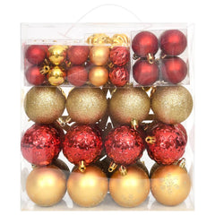 70-piece set of shatterproof gold and red Christmas baubles in a clear box.