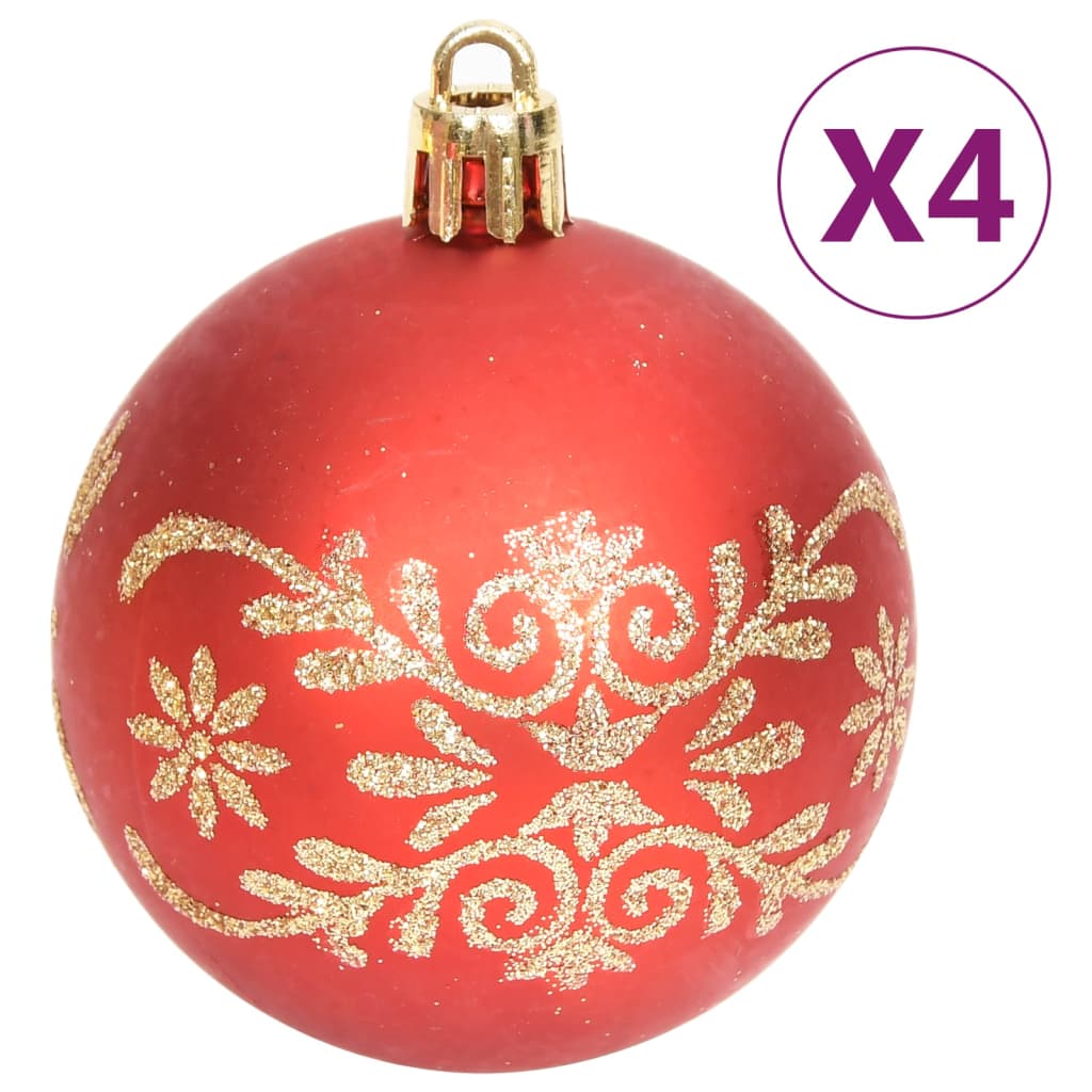 Red Christmas bauble with gold floral designs, part of a 70-piece shatterproof set.