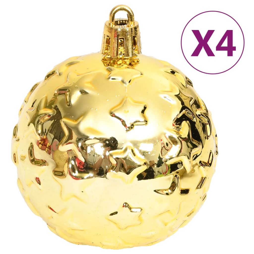 Set of four gold shatterproof Christmas baubles with star patterns and hanging hooks.