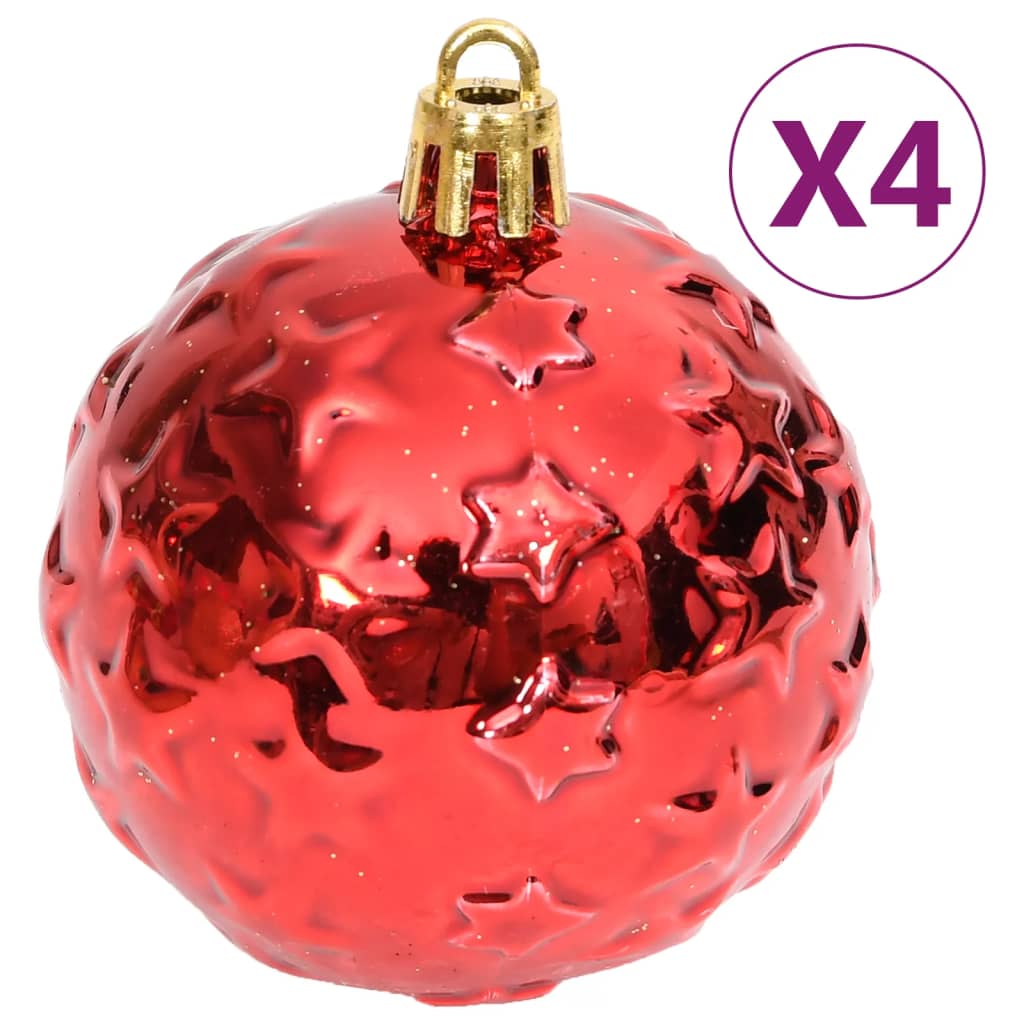 Red shatterproof Christmas bauble with gold top and star pattern, sold in packs of four.