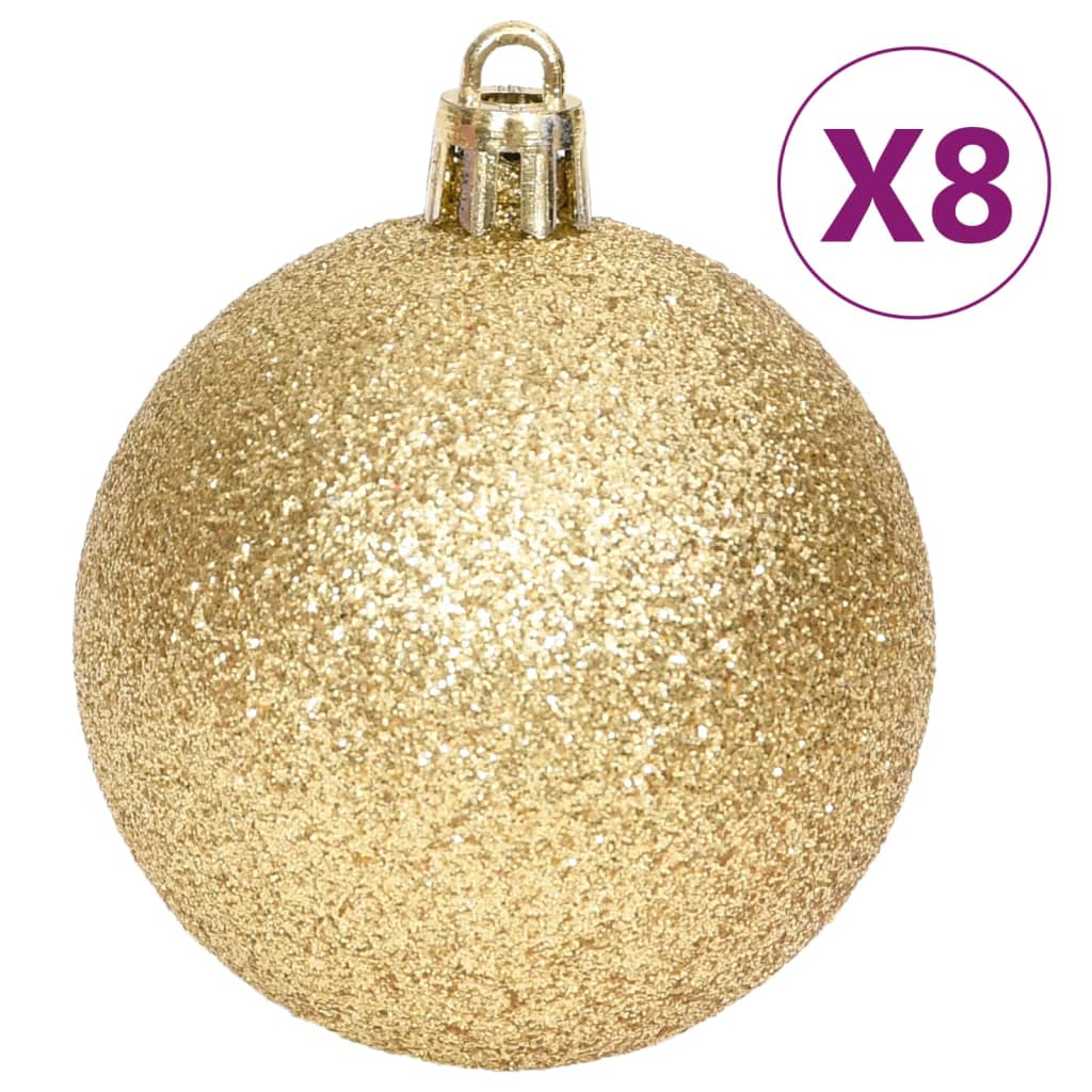 A set of 8 gold shatterproof Christmas baubles with a glittery finish and gold top hook.