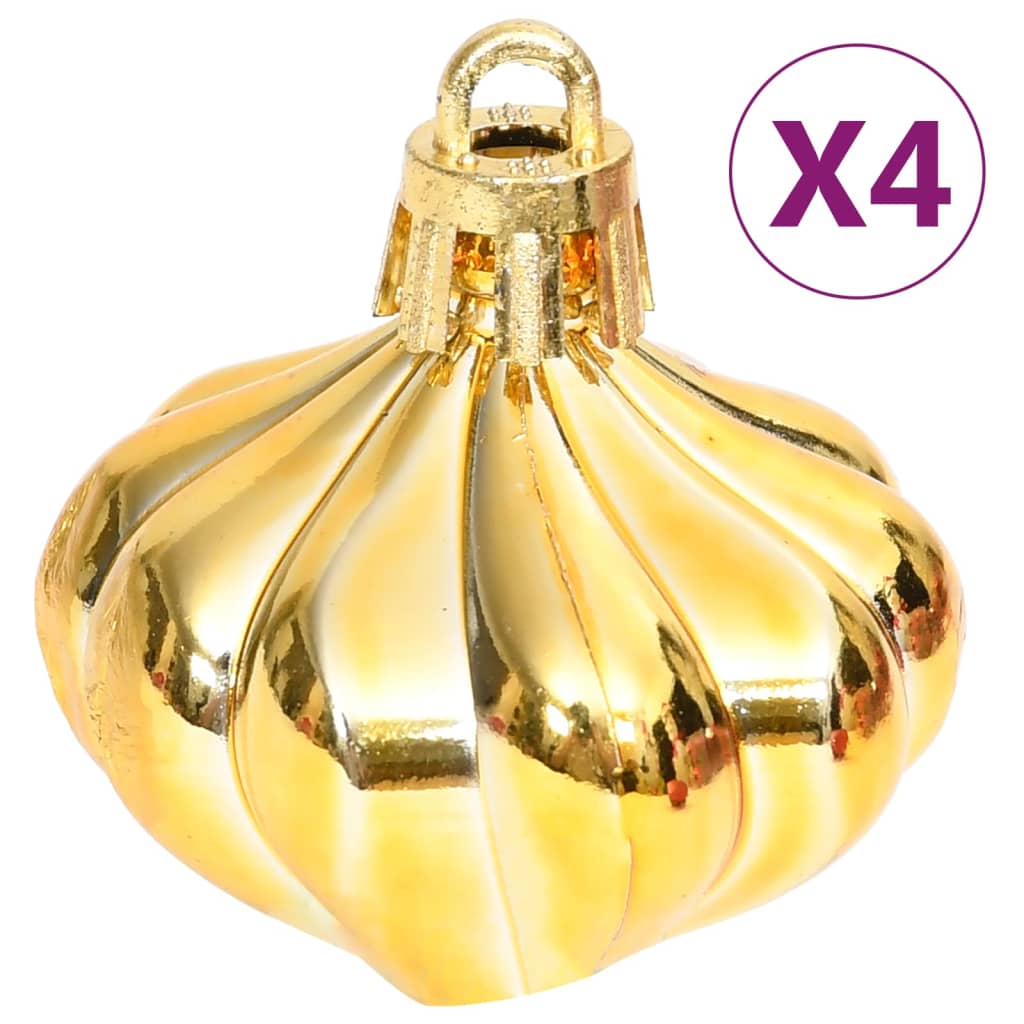 Set of four gold shatterproof Christmas bauble ornaments with hanging loops.